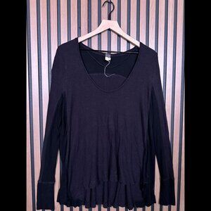 Free People Top Medium Women Black Faded Thermal Waffle Knit Scoop Neck High Low